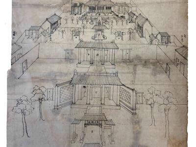 Manuscript page with drawing of building complex with inner courtyards.