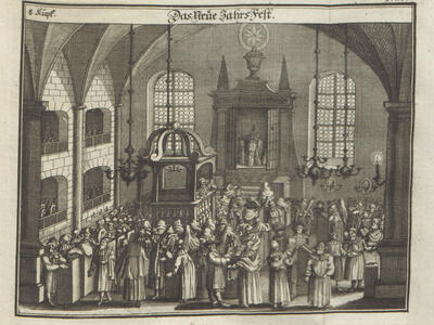 Synagogue Service for the New Year Print engraving of large group of people in room with vaulted ceiling, raised platform on left side, open Torah ark, and balcony.