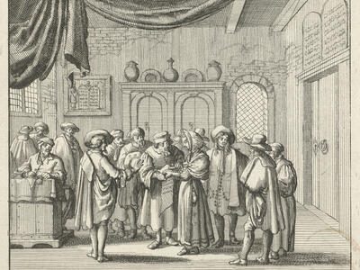 Print image of men and one woman in room, next to man sitting at raised desk. 