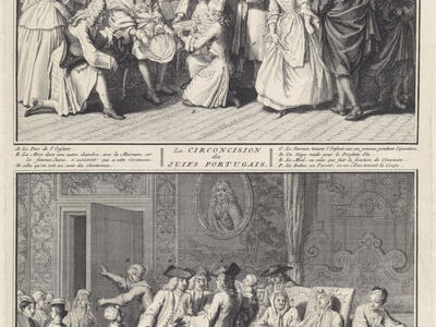 Print of two scenes, both with French text below: the top of baby on man's lap surrounded by people with bed in background, the bottom showing many people in ornate room with baby crib. 