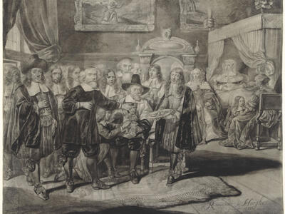 Print of people gathered in bedroom with baby in man's lap in the center, and woman in bed in background.