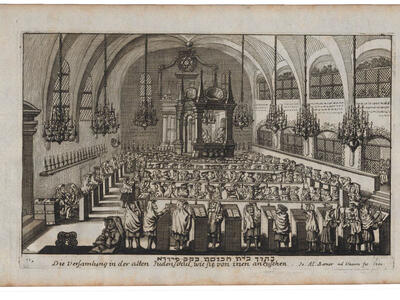 Print engraving of large room with rows of pews with men in prayer shawls standing with books, vaulted ceiling, many chandeliers, and raised platform along far wall. 