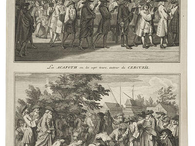 Print of two scenes, both with French text below: the top showing men in large room walking in circle with books, the bottom showing men shoveling dirt onto grave. 