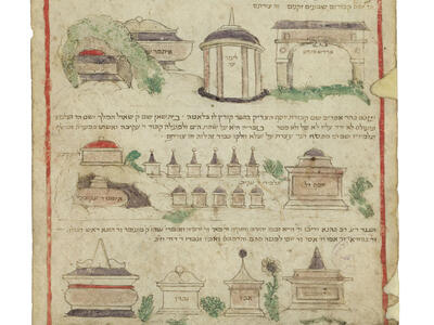 Manuscript with illustrations of tombs and Hebrew text.