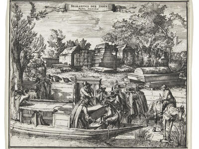 Print engraving of people on boat docking at a graveyard and lifting out a tomb. 