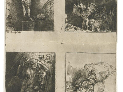 Four Biblical Scenes Page of four pencil drawings: a half-naked man posing, an animal figure with wings underneath figure with halo, man and angels, and soldier fighting against smaller figure.