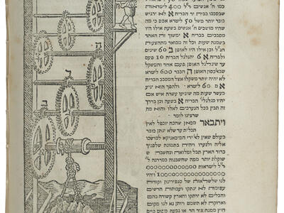Technical Diagram from Joseph Delmedigo’s Elim Printed page with Hebrew text on right side and illustration of tall tower with wheels inside it on left side.