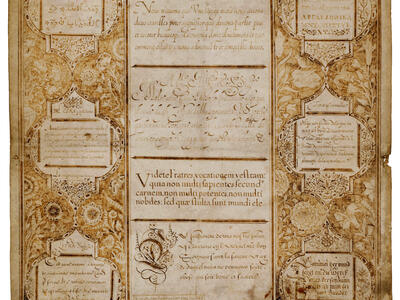 Decorative page of birds, flowers, and rectangular sections of different scripts. 