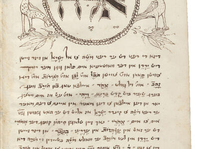 Manuscript page of drawings of bird and plants on top and Yiddish text below. 