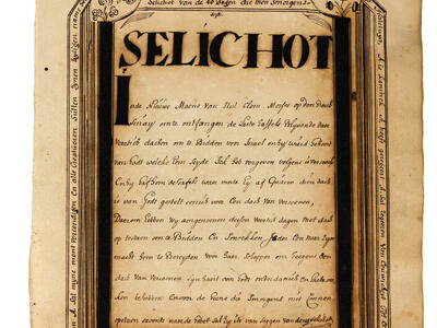 Manuscript page of Dutch text framed in lined border with illustrations of birds and flowers on top and Dutch words around frame.