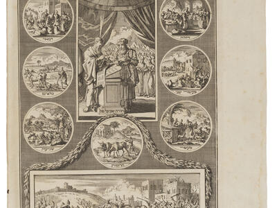 Print with central rectangular scene of men at podium surrounded by ten circles with images of figures and animals, and scene at bottom of large crowd outside city. 