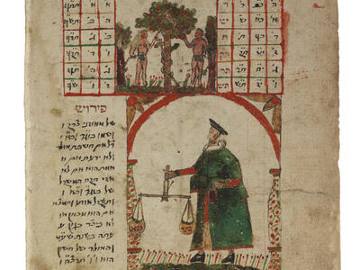 ‘Evronot Manuscript (Rules for Calculation of the Calendar) Manuscript page with a grid of Hebrew letters and words set within two domed columns with flags, with image of naked man and woman next to tree between the columns at the top of the page, and man holding scales in middle of page.