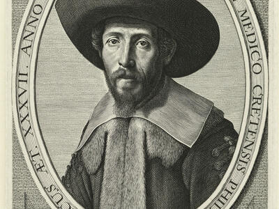 Print portrait of man wearing hat, framed by Latin text.