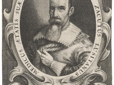 Print portrait of bearded man in circular frame with Latin text encircling him and in frame below.