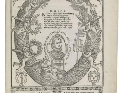 Printed page of Latin text, with portrait of man in center, surrounded by wreath with cherubs, and Latin text in decorative frame below.