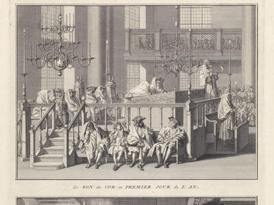 Print depicting two scenes with French text under frames: top shows men in prayer shawls sitting while one man on central platform sounds a ram's horn. Bottom image shows men in prayer shawls sitting and standing in room with several lit candles. 