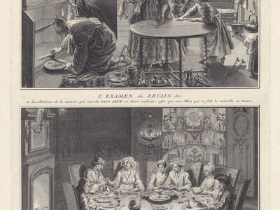 Print depicting two scenes with French text under frames: top shows women and girls in kitchen looking through cupboards and cleaning the table. Bottom shows eight individuals around a dining table in ornate room with lit fire in fireplace. 