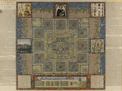 Broadsheet with Dutch text on left and right margins, with large illustrated map in the middle of many squares and lines. Around the map are five images in squares: a man in hat and moustache, layers of priestly garments, a smaller map, rectangular building, and items of worship such as a candelabrum. 