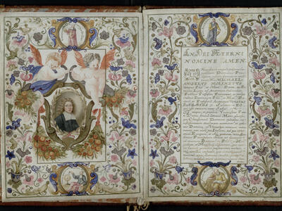 Facing-page manuscript with Latin text on right-hand page surrounded by floral border and man in circular frame on top and bottom of page, and portrait of man on left-hand side surrounded by floral border and two cherubs with man in frames on top and bottom of page. 