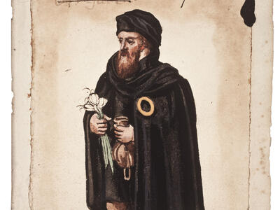 Illustration of man in hat carrying money bag and garlic and wearing badge, with German text across top.