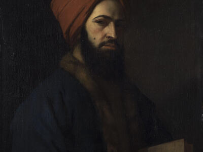 Portrait painting of bearded man in turban holding a book and facing viewer. 