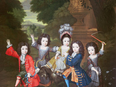 Painting of five children dancing as a dog watches.