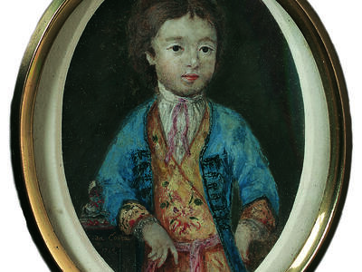 Portrait painting in circular frame of boy leaning to one side and facing viewer. 