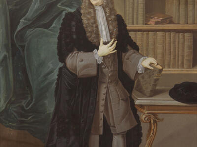 Full-body portrait painting of man wearing periwig and holding a book.