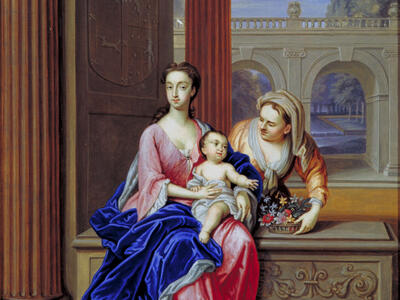 Painting of woman holding baby on bench next to columned doorway as another woman leans over her. 