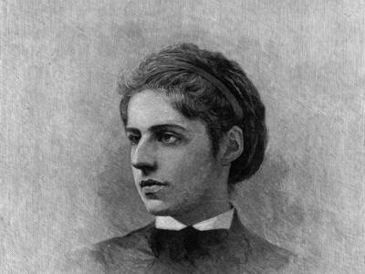 Engraved half-length portrait of woman facing left.