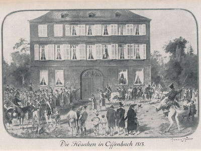 Image of house with many windows surrounded by soldiers on horseback and people. 