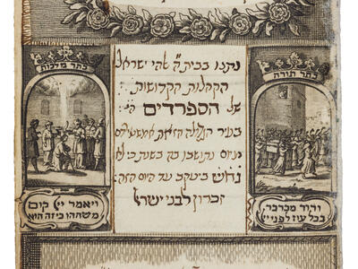 Cover of Kol tefila ve-kol zimra Page with Hebrew title surrounded by wreath and two cherubs, above middle section with two columns with small pictures and Hebrew text in center, and Hebrew line at bottom of page.