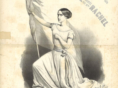 Printed page with woman kneeling in front holding large flag and French text surrounding. 