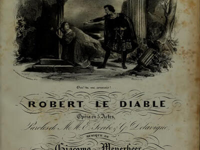 Title page of score featuring a man pointing downward at a woman who is on the ground gripping a cross.