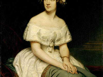Portrait painting of woman wearing an off-the-shoulder dress and flowers in her hair, and her hands folded on lap. 
