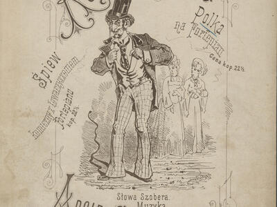 Page of Polish text with central figure in hat and moustache.