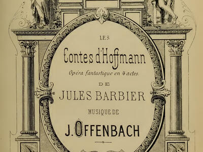 Printed page of French text surrounded by columns and three classical figures on top, one seated in center holding a scroll, another holding a harp, and a third holding a mask.