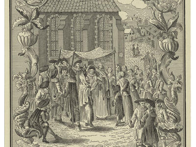 Etching of ceremony under marriage canopy outside a building, surrounded by people and framed by decorative motif. 