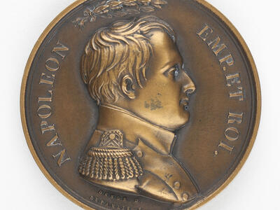 Medal in Honor of the Grand Sanhedrin of Napoleon Bronze medal featuring profile of man in epaulets and laurel above head and Latin text.