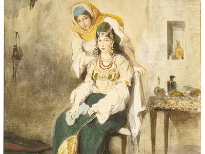 Watercolor featuring seated young woman in beaded headdress and flowing dress, and another woman in shawl leaning over her. 