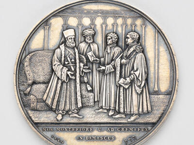 Silver medal depicting four men talking.