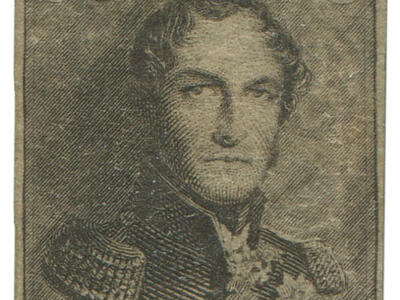 Engraved stamp depicting portrait of man in epaulets and the number 10. 