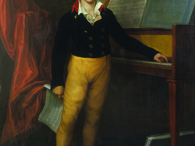 Portrait painting of young man standing next to piano and holding sheet music.