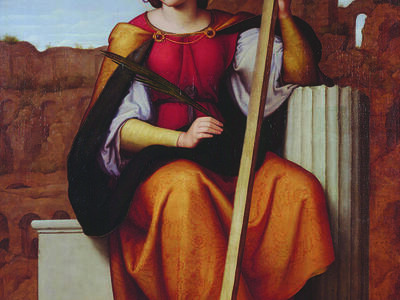 Painting of seated female figure, peering downward and away from viewer, wearing halo and cape and holding large cross.