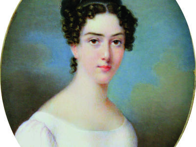 Portrait painting of girl with curly hair facing viewer.