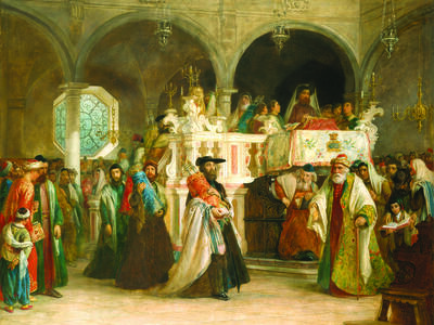 The Feast of the Rejoicing of the Law at the Synagogue in Leghorn, Italy Painting depicting interior of building with arched columns featuring men in robes, hats, and turbans carrying Torah scrolls.
