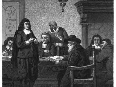 Lithograph of man with long hair standing before table of seated men.  