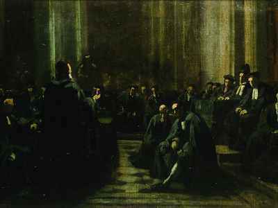 Painting of men seated in dark room and one central figure standing.
