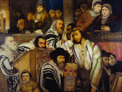Painting depicting men in skullcaps and prayer shawls in foreground at podiums, one holding a Torah scroll, and women in background in hats and shawls.