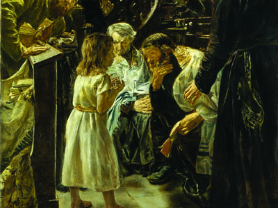 Painting of men next to lectern and staircase crowding around young boy. 